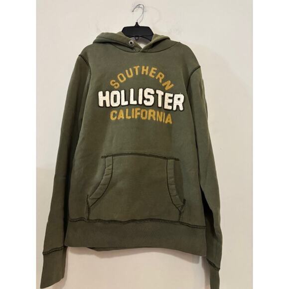 Vintage Hollister Hoodie Sweatshirt Spell Out Y2K Mens Medium Khaki Green - Picture 1 of 6
